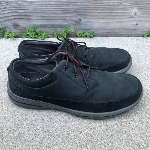 SKECHERS Harper Shoes 10 Men's Leather Black Lace Up Sneakers Relaxed Fit 64855 - Picture 1 of 9